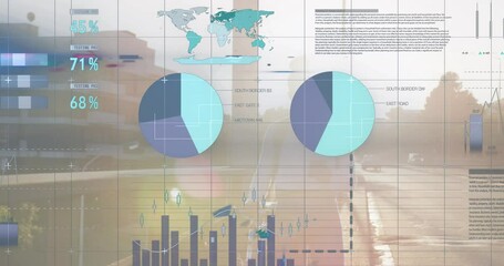 Poster - Animation of infographic interface over biracial woman wearing mask and using cellphone with bicycle