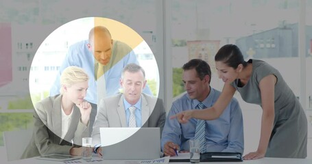 Poster - Animation of loading pie chart over diverse coworkers discussing reports over laptop in office