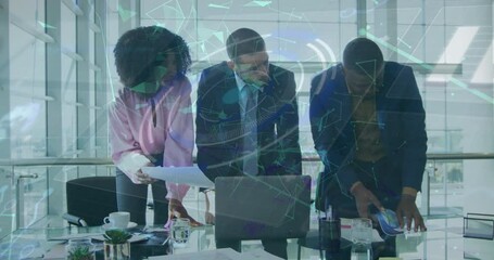 Poster - Animation of plexus networks over businesspeople discussing over laptop and documents at office
