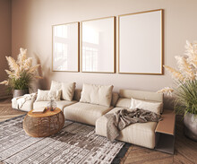 Scandi Interior Design With Beige Sofa,wooden Boho Table And Carpet In Modern Coastal Living Room. Frame Wall Mock Up. 3d Render. High Quality 3d Illustration