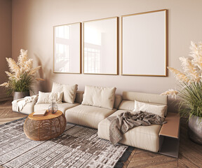scandi interior design with beige sofa,wooden boho table and carpet in modern coastal living room. f