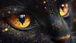 Close up portrait of a black cat with gold glitter. Generative AI.

