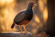 A Vertical View Of A Swainson's Spurfowl Against A Blurred Backdrop, Showing The Bird Standing On Some Wood In The Sunshine. Generative AI