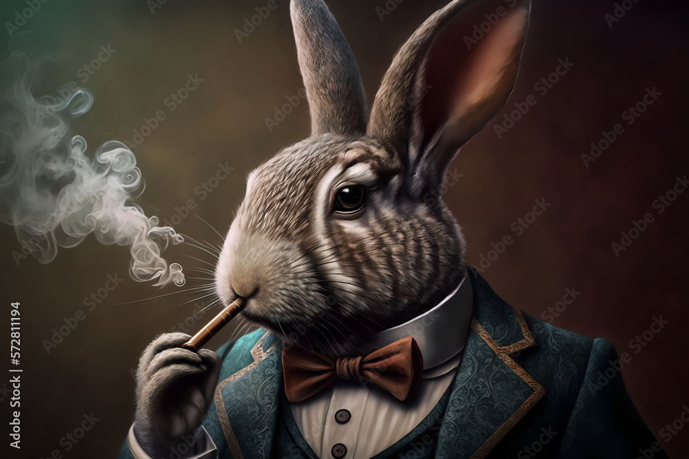 rabbit with cigarette Gentleman Rabbit smoking a cigarette | Generative AI Stock Illustration