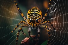 Macro Photograph Of A Tiger Spider In Its Web, Taken Vertically. Generative AI