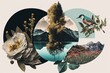 collage artistique d'images de nature avec arbres et montagne et oiseau, éléments naturels,  formes géométriques