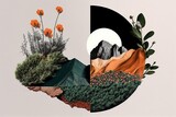 Fototapeta  - collage artistique d'images de nature avec arbres et montagne, éléments naturels,  formes géométriques
