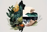 Fototapeta  - collage artistique d'images de nature avec arbres et éléments naturels,  formes géométriques
