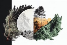Collage Artistique D'images De Nature Avec Arbres Et Montagne, éléments Naturels,  Formes Géométriques