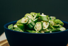 Sliced Okra Inside A Bowl, Front View, Nobody