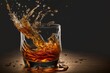 glass of whiskey making splash over wooden table. generative ai