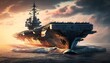 Military concept. Aircraft carrier crossing the ocean with Generative AI Technology.