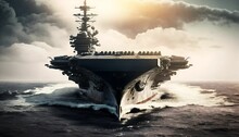 Military Concept. Aircraft Carrier Crossing The Ocean With Generative AI Technology.
