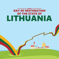 Wall Mural - Lithuania independence day vector illustration with village and city scenery and a long flag. European and Baltic country public holiday greeting card. Suitable for social media post.