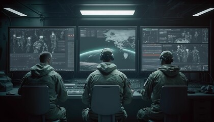 military concept. military surveillance officers work in the headquarters hub for cyber ​​control an
