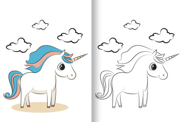 Cute unicorn collection. Monochrome and colored, vector illustration for coloring book