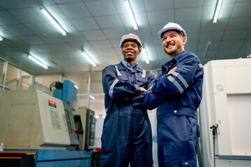 Wall Mural - African American and Caucasian technician or engineer workers stand with arm crossed and look forward in front of factory machine in workplace.