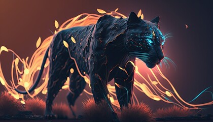 Wall Mural - Cool, Epic, Artistic, Beautiful, and Unique Illustration of Panther Animal Cinematic Adventure: Abstract 3D Wallpaper Background with Majestic Wildlife and Futuristic Design (generative AI)