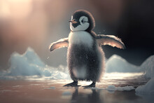 A Baby Penguin Waddling Across The Ice, With Its Wings Outstretched For Balance Generative AI