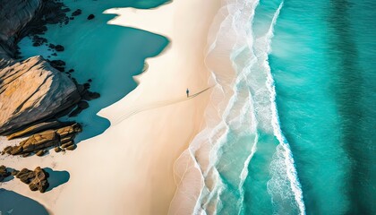 Wall Mural - Aerial pic of aquamarine ocean, man on Australian sandbar beach. Photo generative AI