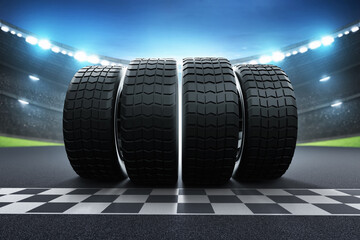 Wall Mural - Set car tires on race track 3d illustration