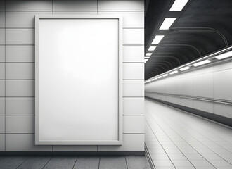 Wall Mural - Blank white digital billboard silver frame light box in empty subway train station, open poster advertisement on tile wall background for mockup, design, display, marketing