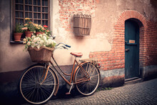 A Vintage Bicycle With A Basket Of Flowers Parked Against An Old Brick Wall In A Charming European City, Illustration - Generative AI