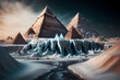 Frozen Egypt ancient pyramids in snow. Concept Global cooling, Winter in hot Country, ice age. Generation AI