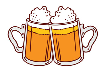 Two mugs of beer. Beer cheers. Drinks with a lot of foam. Vector doodle illustration clipart for poster, flyer, pub label, bar menu design.