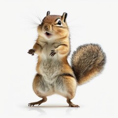 Wall Mural - Detailed character portrait illustration of a friendly happy dancing chipmunk squirrel isolated on a white background, generative ai