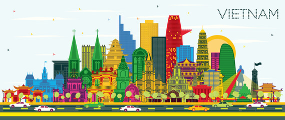 Wall Mural - Vietnam City Skyline with Color Buildings and Blue Sky. Vector Illustration. Tourism Concept with Historic Architecture.