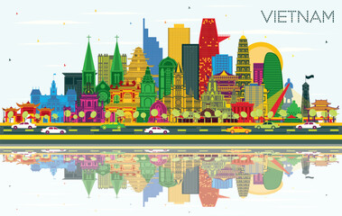 Wall Mural - Vietnam City Skyline with Color Buildings, Blue Sky and Reflections. Vector Illustration. Tourism Concept with Historic Architecture.