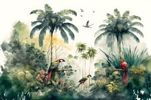 Wallpaper Of A Natural Landscape Of Rainforests Of Trees And Palms, In Consistent Colors With Birds, Butterflies, Parrots And Flamingos, Digital Drawing In Watercolors