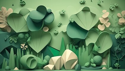 Saint Patrick's Day Geometric Shapes with 3D shapes and designs. and Soft color palette : A Beautiful Unique Colorful and Bold 3D Rendering Wallpaper Template for Celebration (generative AI)