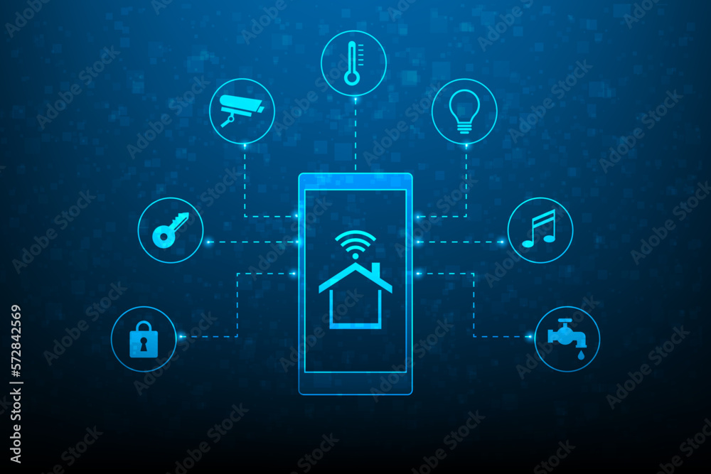 smart home digital technology on mobile phone. Internet of thing home ...