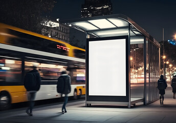 blank white vertical digital billboard poster on city street bus stop sign at night, blurred urban b
