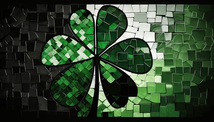 Saint Patrick's Day Geometric Shapes with Mosaic patterns and Dark color palette : A Beautiful Unique Colorful and Bold 3D Rendering Wallpaper Template for Celebration (generative AI)