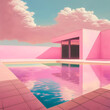 pink and blue house with pool in modern architecture style, created with generative ai