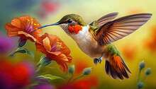Hummingbird Flying To Pick Up Nectar From A Beautiful Flower. Post-processed Generative AI	