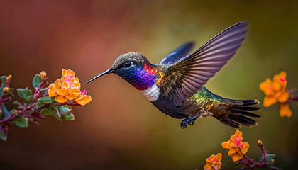 Wall Mural - Hummingbird flying to pick up nectar from a beautiful flower. Post-processed generative AI	