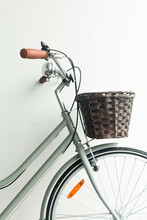 Vintage Bicycle Green With Basket On White Background