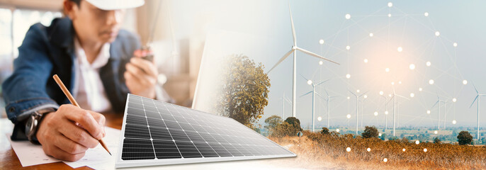 Wall Mural - engineers are developing and planning structures for installing wind turbines and solar panel system