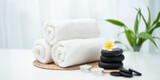 Fototapeta Kawa jest smaczna - Spa accessory composition set in day spa hotel , beauty wellness center . Spa product are placed in luxury spa resort room , ready for massage therapy from professional service .