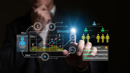 Wall Mural - young entrepreneur using big data analysis and cloud technology to collect customer data and display