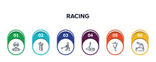 Racing Outline Icons With Infographic Template. Thin Line Icons Such As Skydiver, Golf Caddy, Hammer Throwing, Puck, Lift Bag, Handbrake Vector.