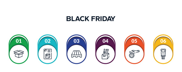 Poster - black friday outline icons with infographic template. thin line icons such as delivery package opened, dispatch note, pallets, construction and tools, shipping by plane, payment terminal vector.
