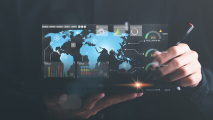 Leinwandbilder - Businessman reading chart report Virtual Business Statistics ,analyze and improve corporate strategy, manage financial and marketing documents, annual budget accounts, futuristic technology solution