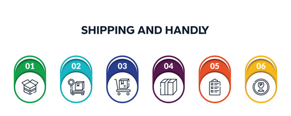 Poster - shipping and handly outline icons with infographic template. thin line icons such as open cardboard box, parcel weight, delivery cart, closed cardboard box with packing tape, packing list, fragile