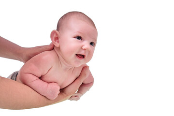 mom trains swimming with a happy infant baby boy in a home bath, isolated on a white background. a s
