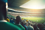 Fototapeta Sport - Fans standing and watching football match and stadium, football audience chanting and cheering for their team playing in ground, Behind view of crowded audience in soccer stadium, generative ai